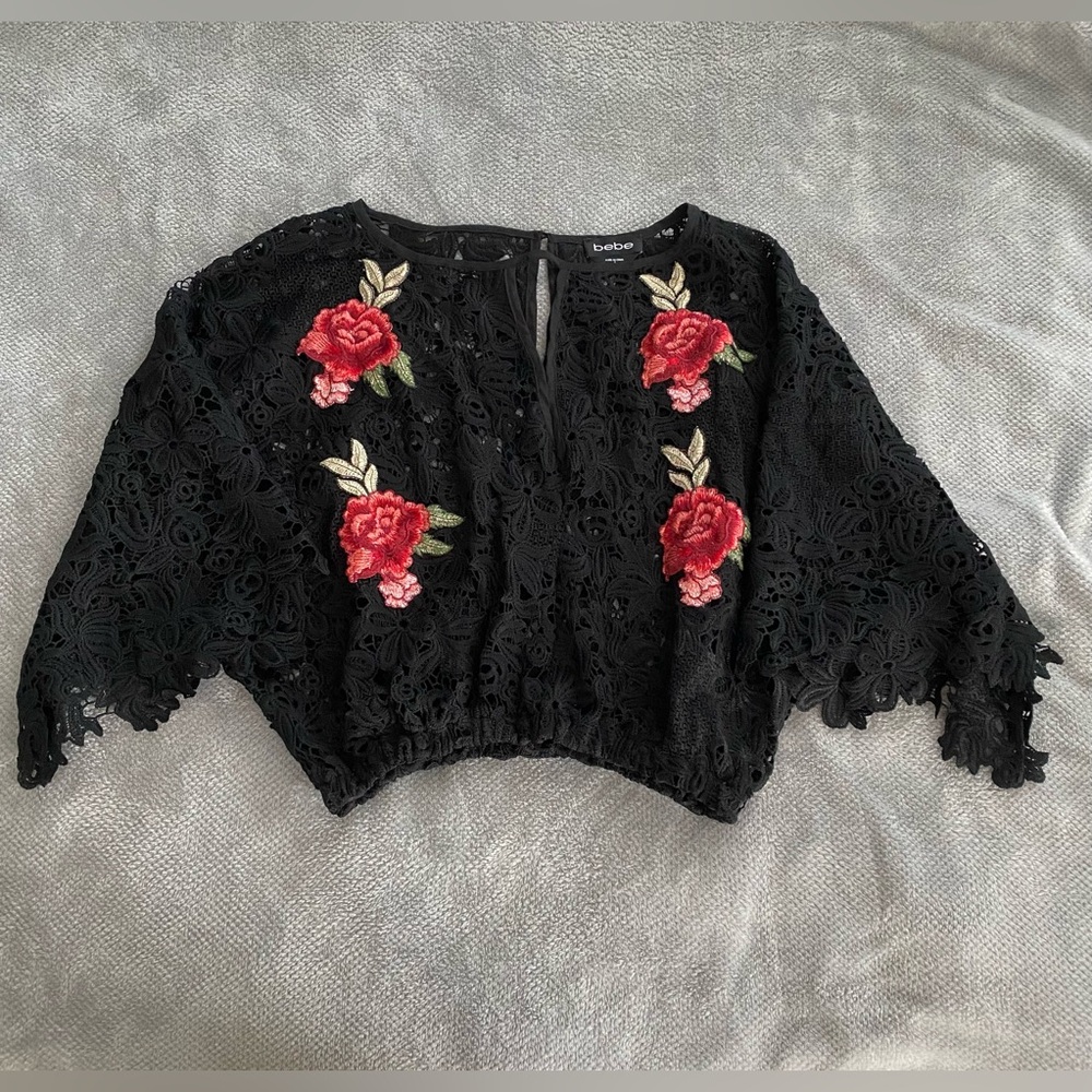 Bebe Black Lace Blouse with Red Floral Embroidery